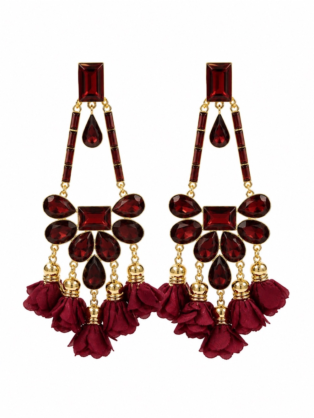 AKIRA Gold-Tone Burgundy Crystal & Tassel Statement Earrings